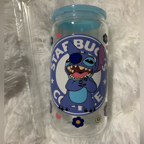 Other - 16 oz glass Starbucks stitch tumbler with blue lid